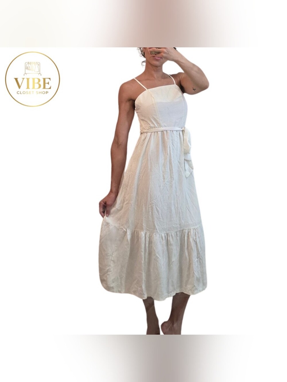 Light Cream Spaghetti-Strap Midi Dress with Waist Tie